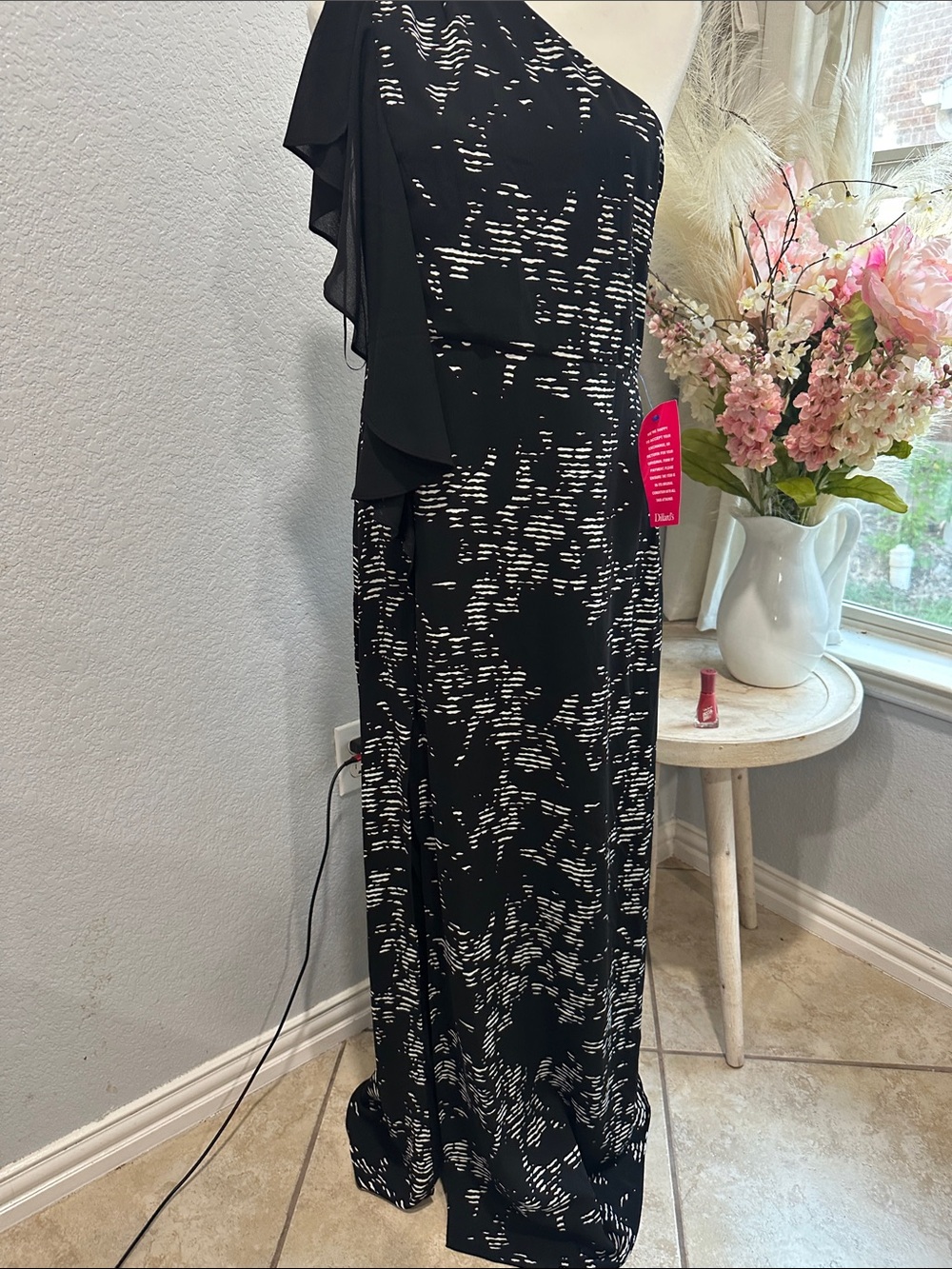 Halston Heritage Black and White One-Shoulder Maxi Dress